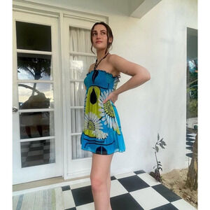 Y2K Womens Dress S Smocked Beaded Halter Dress Lizzie McGuire Blue Green Ruffle